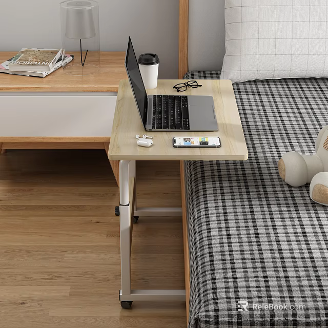 Portable Work Desk With Laptop Coffee Cup Eyeglasses And Smartphone On Plaid Bedside 3d model 