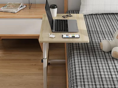 Portable Work Desk With Laptop Coffee Cup Eyeglasses And Smartphone On Plaid Bedside 3d model