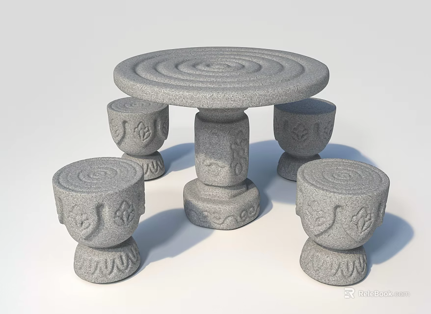 Round Stone Outdoor Table With Carved Base Matching Stone Stools And Decorative Patterns 3d model