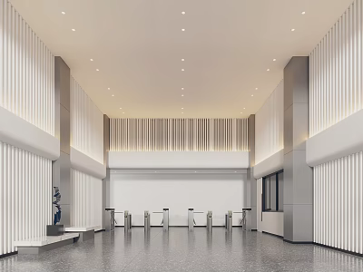 Modern Front Desk Reception Area In Spacious Lobby With Columns Ceiling Lights And Polished Floors 3d model