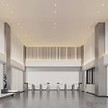 Modern Front Desk Reception Area In Spacious Lobby With Columns Ceiling Lights And Polished Floors