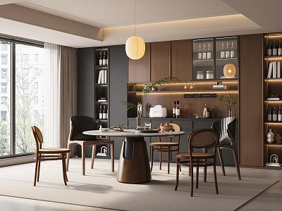 Elegant Modern Restaurant Interior With Round Dining Table Wooden Chairs Wine Cabinets And Pendant Light 3d model