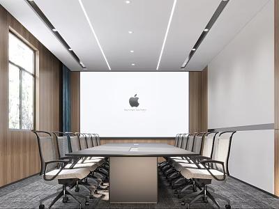 Modern Conference Room With Long Table Chairs Large Screen And Apple Logo 3d model
