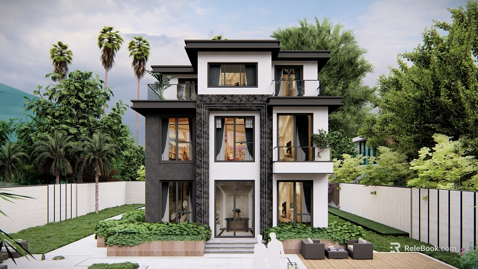 Modern Two Story Detached Villa With Balconies Lush Greenery And Palm Trees 3d model 