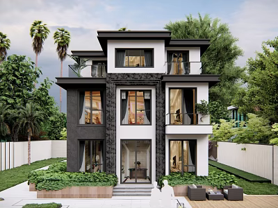 Modern Two Story Detached Villa With Balconies Lush Greenery And Palm Trees 3d model