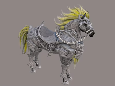 Armored Reptile With Yellow Mane And Intricate Silver Armor Details 3d model