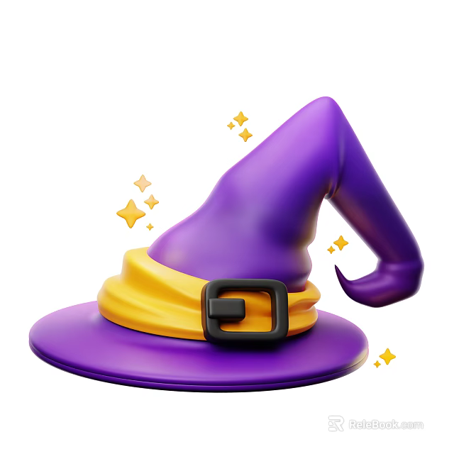 Purple Witch Hat With Yellow Band Black Buckle And Gold Stars Decoration 3d model 