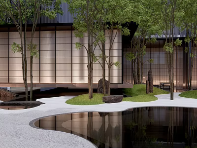 Japanese Zen Courtyard Garden With Tall Trees Serene Pond And Wooden Lattice Screens 3d model