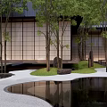 Japanese Zen Courtyard Garden With Tall Trees Serene Pond And Wooden Lattice Screens