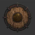 Medieval Shield Weapon With Metal Riveted Edges Leather Surface And Golden Spiral Design