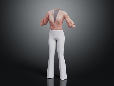 Stylish Pink V Neck Long Sleeve Top With White High Waist Flared Pants 3d model