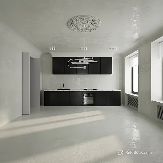 Modern Bar Area In Open Kitchen Design With Island Counter And Cabinets 3d model 