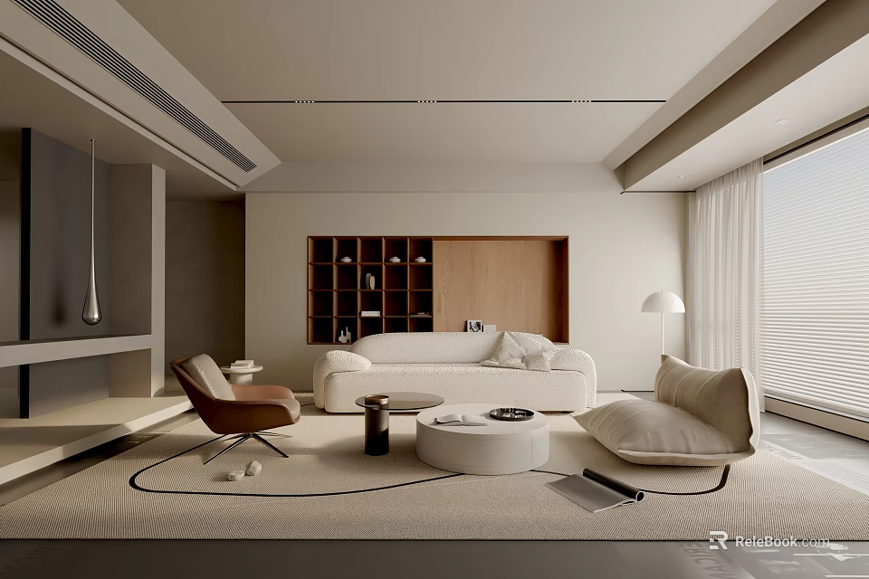 Minimalist Modern Living Room Interior With Sofa Armchair Coffee Table And Wooden Bookshelf 3d model 