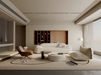Minimalist Modern Living Room Interior With Sofa Armchair Coffee Table And Wooden Bookshelf 3d model