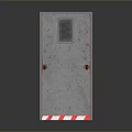 Gray Metal Door With Small Window Red Strap Handle And Red White Striped Base