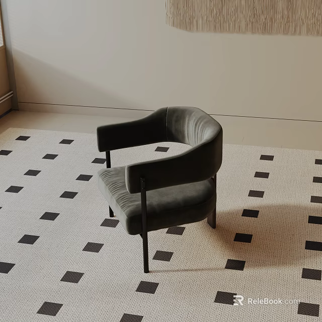 Stylish Gray Accent Chair With Curved Arms And Black Metal Legs On Geometric Carpet 3d model 