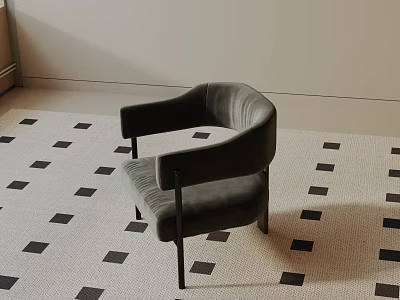 Stylish Gray Accent Chair With Curved Arms And Black Metal Legs On Geometric Carpet 3d model