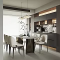 Modern Restaurant Interior With White Dining Table Light Chairs Hanging Lights And Dark Cabinets