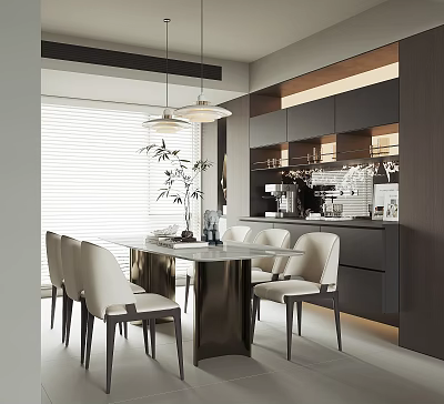 Modern Restaurant Interior With White Dining Table Light Chairs Hanging Lights And Dark Cabinets 3d model