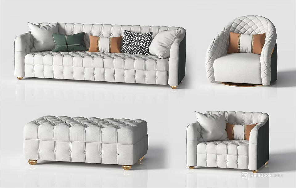 Light Gray Tufted Sofa Set Modern Elegant With Armchairs Ottoman And Decorative Pillows 3d model 