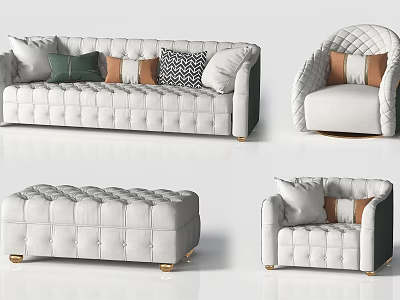 Light Gray Tufted Sofa Set Modern Elegant With Armchairs Ottoman And Decorative Pillows 3d model