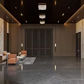 Modern Hotel Lobby Interior With Chandeliers Sofas Large Rug And Floor To Ceiling Windows