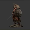 Muscular Viking Warrior Man Wearing Horned Helmet Holding Sword And Shield Standing On Rock Base