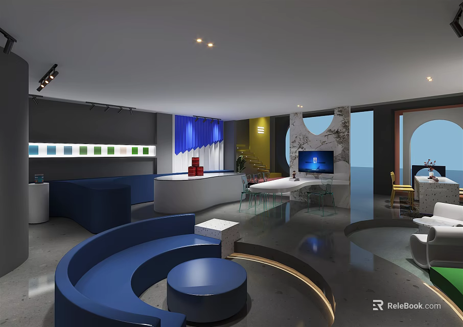 Modern Interior Space With Blue Curved Sofa Round Tables Display Wall And TV Screen 3d model