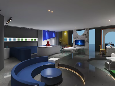 Modern Interior Space With Blue Curved Sofa Round Tables Display Wall And TV Screen 3d model