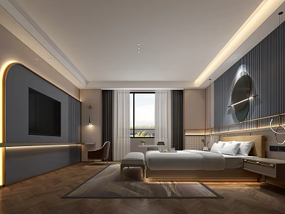 Modern Hotel Room Interior With King Bed Warm Lighting Circular Mirror And Herringbone Flooring 3d model