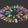 Colorful Toy Cars Arranged in Circular Pattern with Various Hues and Models