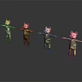 Pig Characters in Camouflage Outfits Standing with Arms Extended on Dark Background with Reflections