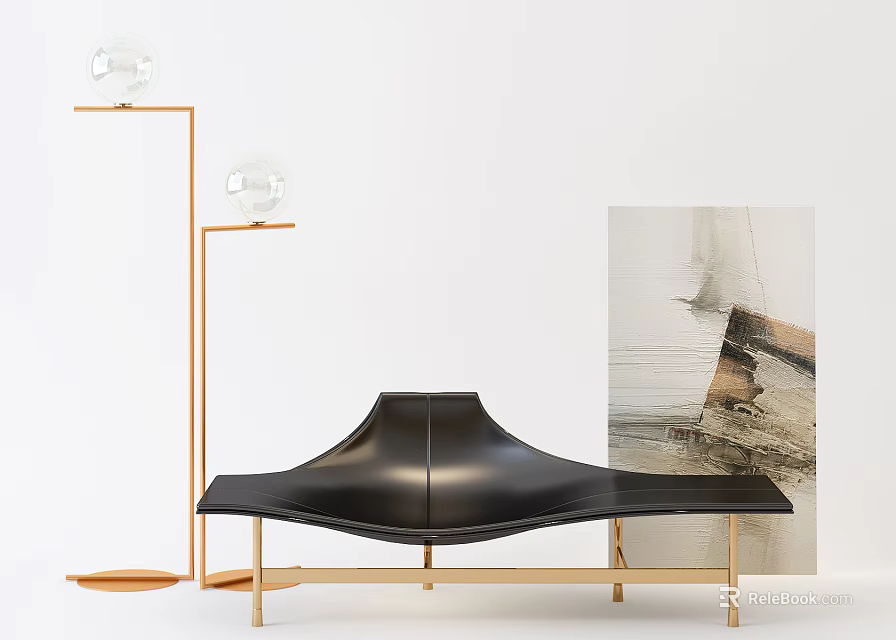 Modern Black Leather Sectional Sofa With Gold Floor Lamp And Abstract Artwork 3d model 