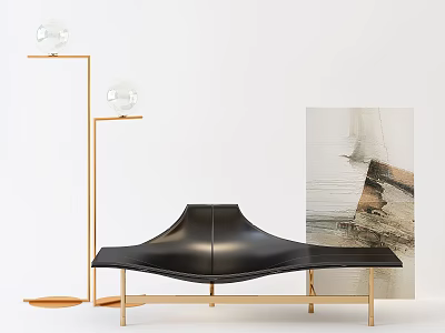 Modern Black Leather Sectional Sofa With Gold Floor Lamp And Abstract Artwork 3d model