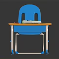 Kids Study Desk with Blue Chair and Orange Tabletop Including Green Notebook and Colored Pencils