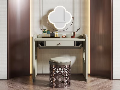 Modern Dressing Table With Cloud Shaped Backlit Mirror And Carved Stool In Elegant Interior 3d model