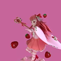 Strawberry Themed Girl Holding Magic Wand on Pink Background with Floating Strawberries and Decorative Base