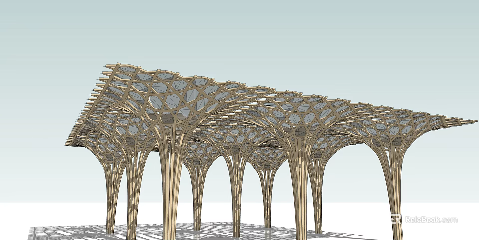 Modern Outdoor Pergola With Geometric Lattice Canopy And Wooden Support Columns 3d model 