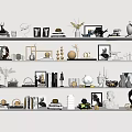 Stylish Decorative Ornaments Set On Shelves With Sculptures Vases Frames And Candle Holders