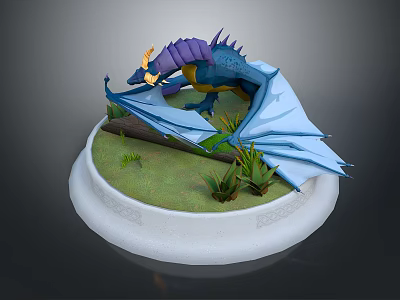 Colorful Dragon Figure with Purple Blue Wings on White Pedestal Green Grass and Wooden Log 3d model
