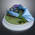 Colorful Dragon Figure with Purple Blue Wings on White Pedestal Green Grass and Wooden Log