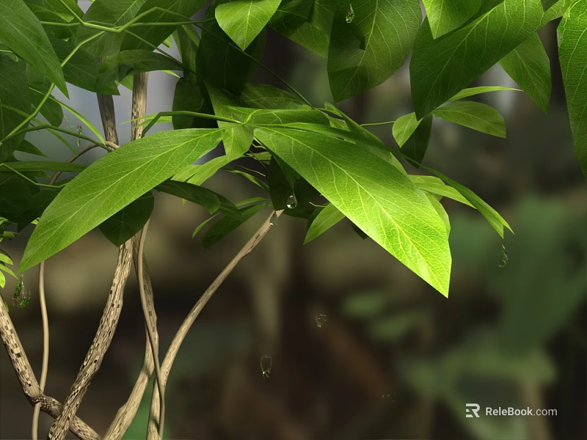 Vibrant Natural Scenery with Lush Green Leaves on Branches Basked in Warm Sunlight 3d model 