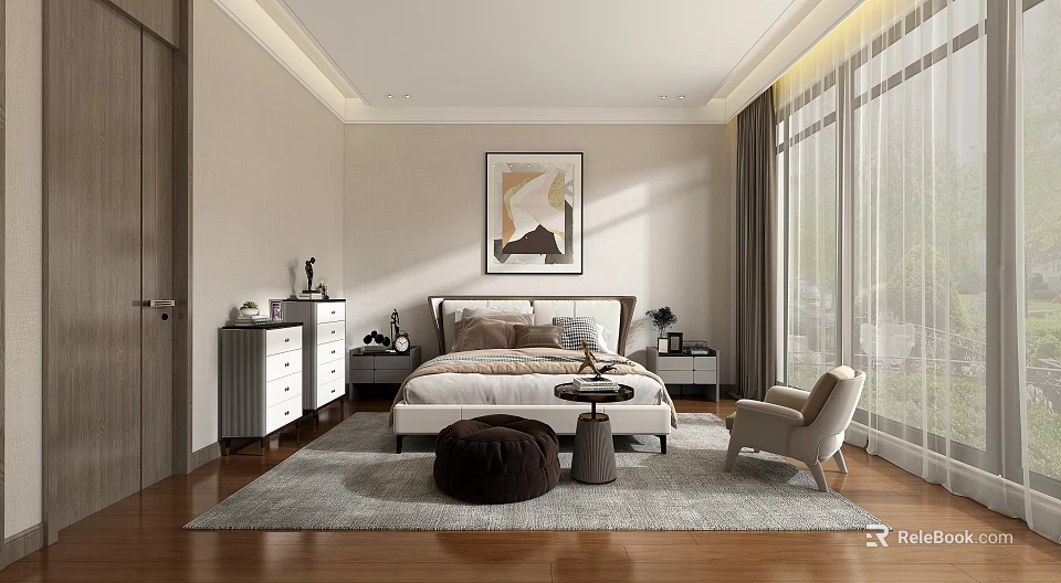 Modern Bedroom Interior Featuring Comfortable Bed Area Rug Accent Chair And Wall Art 3d model 