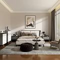 Modern Bedroom Interior Featuring Comfortable Bed Area Rug Accent Chair And Wall Art