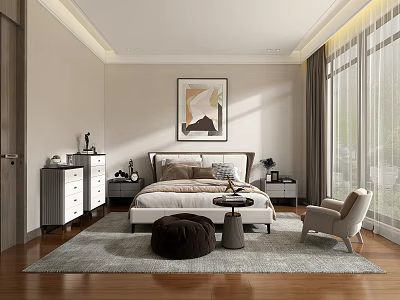 Modern Bedroom Interior Featuring Comfortable Bed Area Rug Accent Chair And Wall Art 3d model
