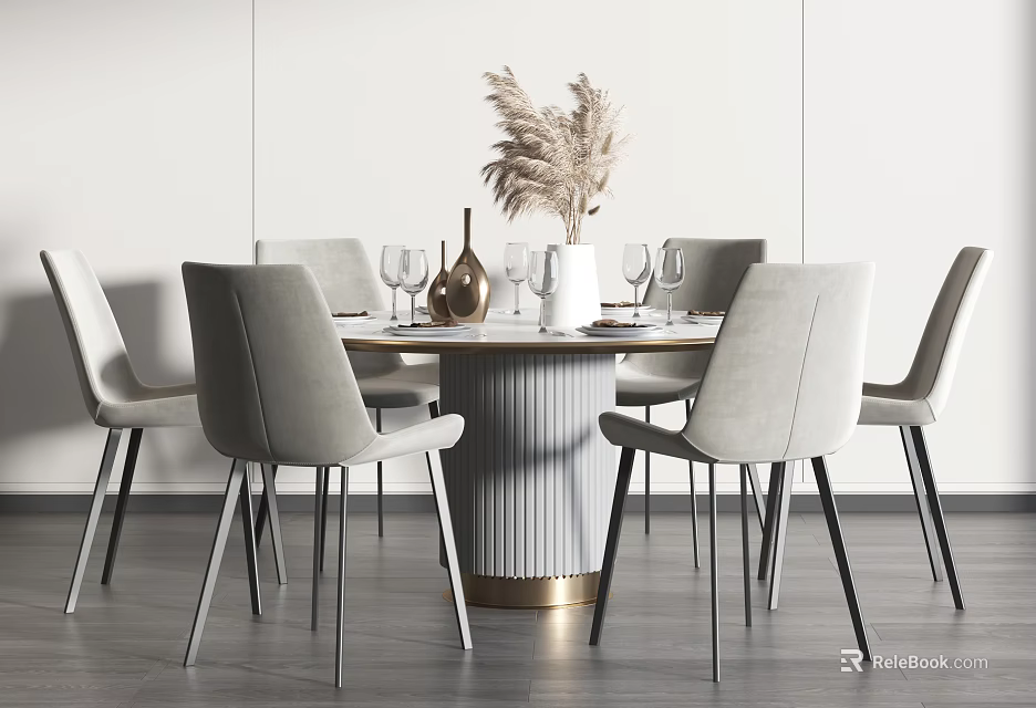 Round Dining Table Set With Light Gray Chairs Gold Base And Pampas Grass Decor 3d model