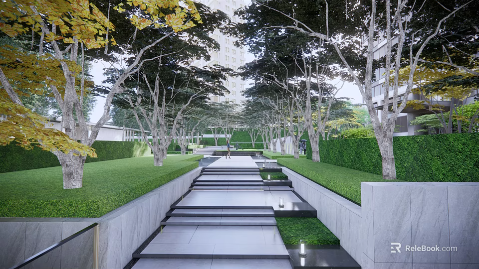 Serene Residential Landscape With Tree Lined Pathway Trimmed Hedges And Lush Lawn 3d model 