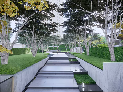 Serene Residential Landscape With Tree Lined Pathway Trimmed Hedges And Lush Lawn 3d model