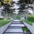 Serene Residential Landscape With Tree Lined Pathway Trimmed Hedges And Lush Lawn