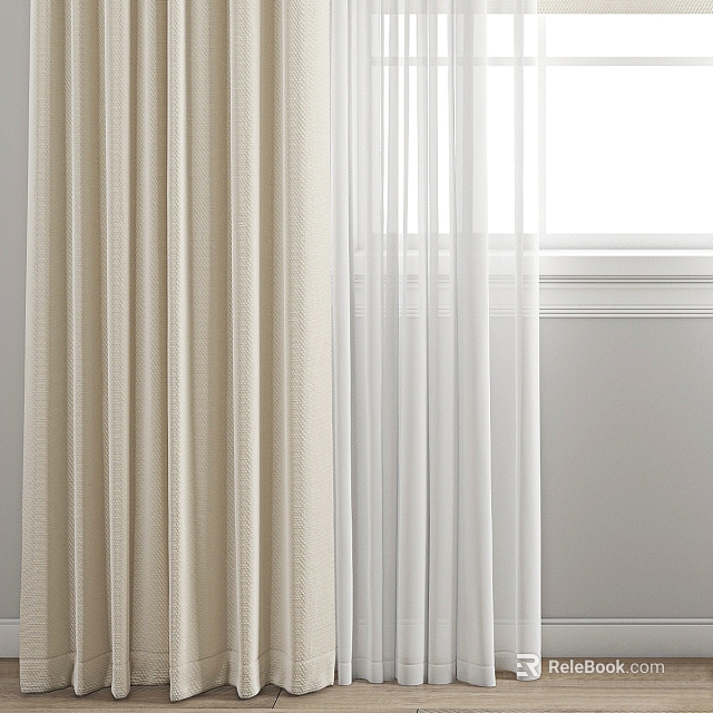 Beige Textured Curtains With White Sheer Panels For Window Natural Light 3d model 